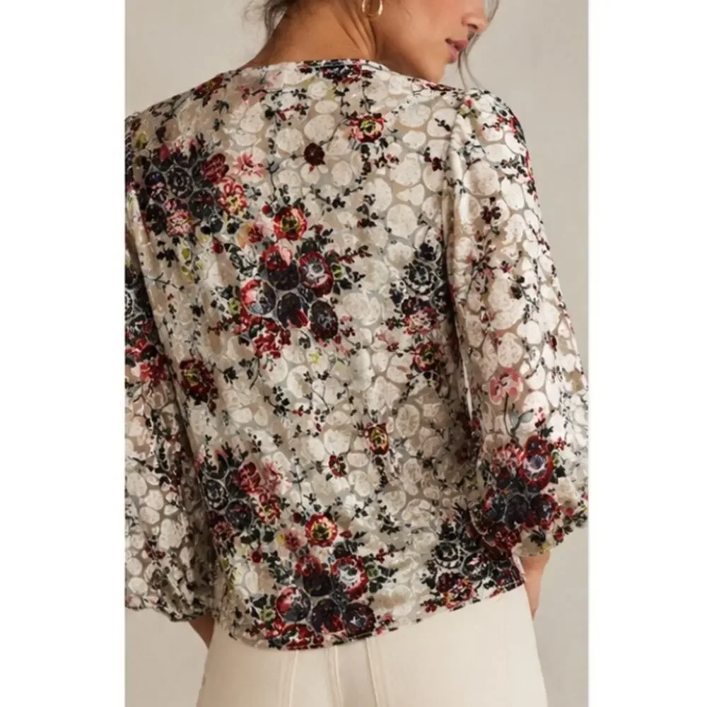 Maeve Umi Wrap Top Velvet Burnout Floral Silk Blend Boho Indie Anthro Style XS